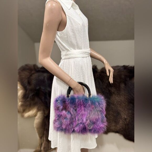 Purple Gradient Handmade Luxury Real Fox Fur Top Handles Satchel Bag/Crossbody - Picture 6 of 16